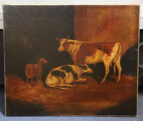 19th century Primitive School Cattle and goat in a stable 50 x 60cm., unframed